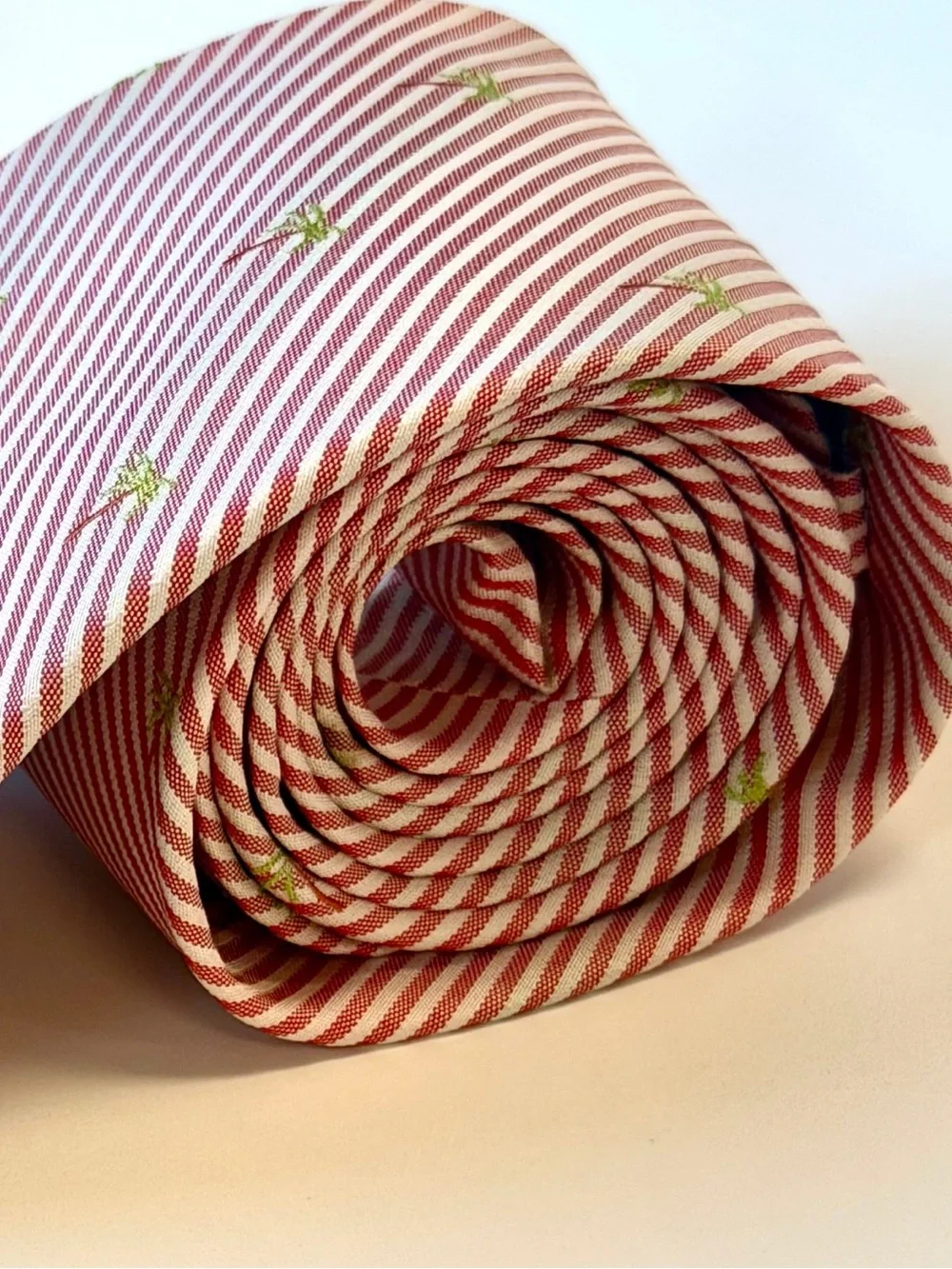 VTG Rooster Silk Tie Pink Red White Stripe Palm Tree 3.75” Wide